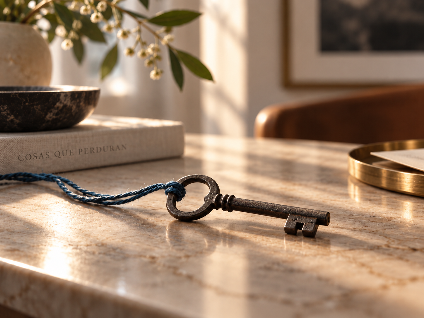 Llave antigua de hierro forjado con un hilo azul sobre una mesa de diseño contemporáneo