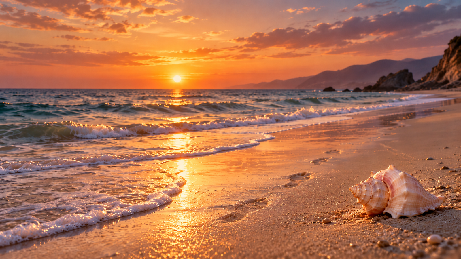 la playa al atardecer, el mar, las olas, unas pisadas y una caracola